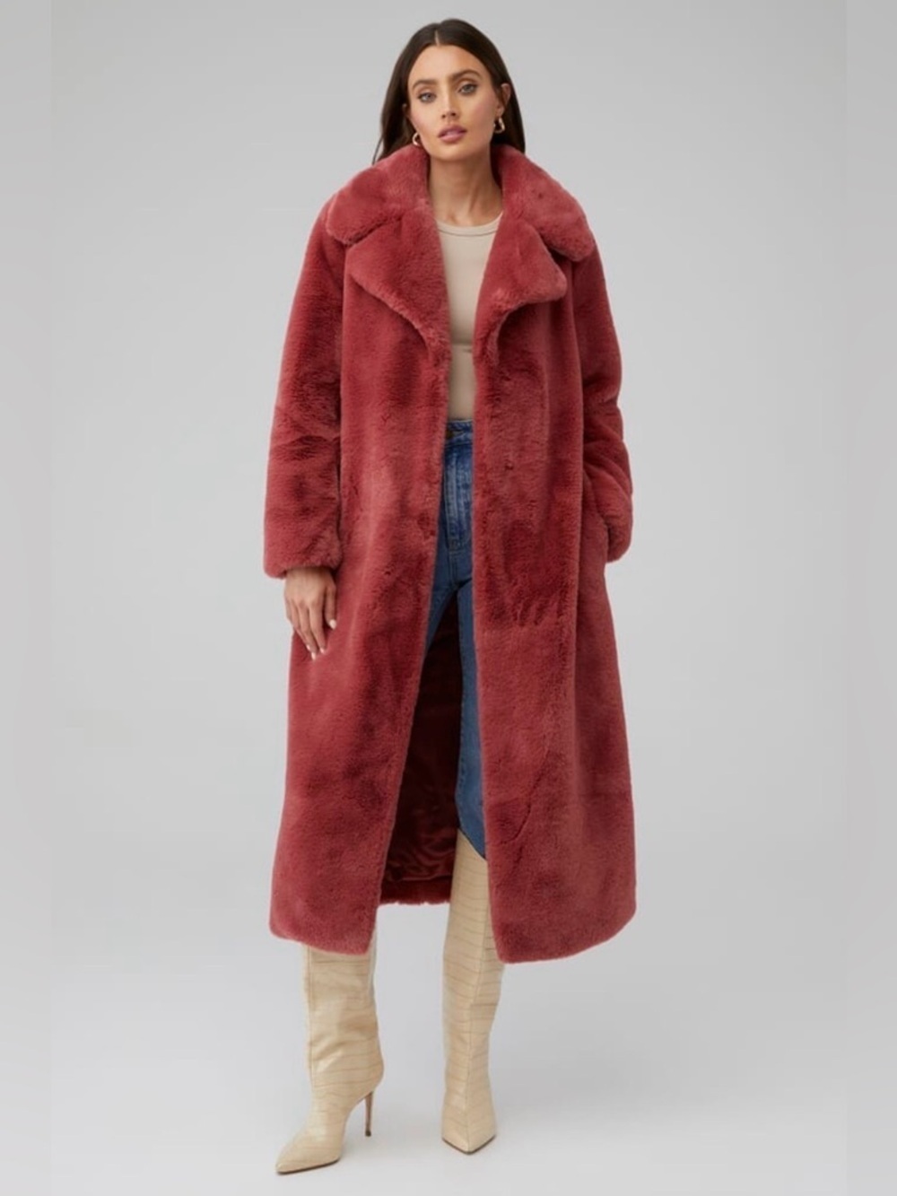 Ena Pelly Red Faux Fur Teddy Longline Oversized Coat